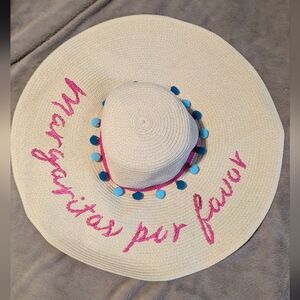 Express Straw Margi Hat with Pink Script and Blue Accents